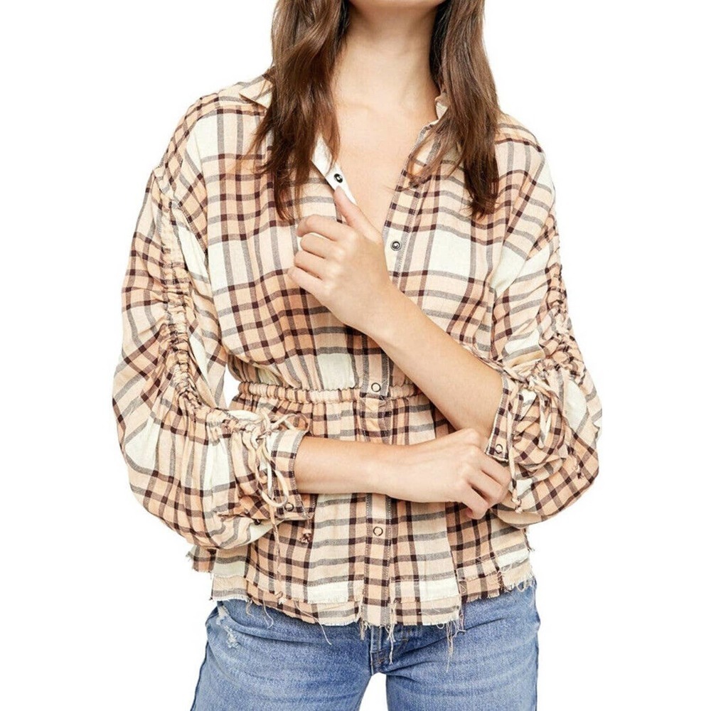 Free People Pacific Dawn Plaid Snap Front Drawstring Sleeve Raw Hem Top sz M